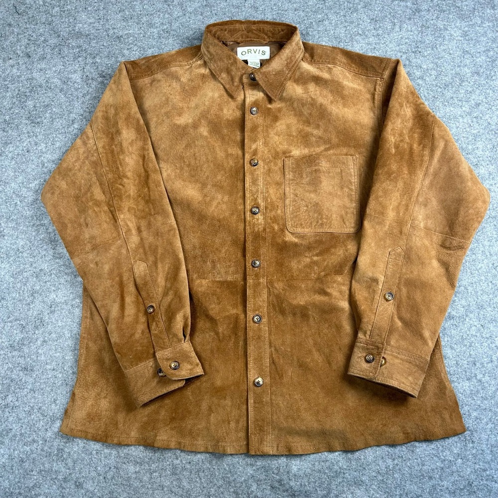 Vintage Orvis Mens Large Suede Button Up Leather Shirt Jacket Brown Tan Shacket
